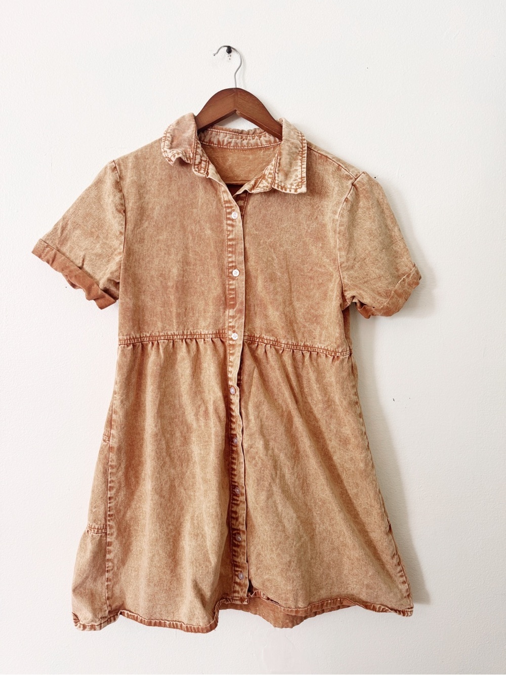 Washed Tan Button-Front Mini Dress Small - Picture 2 of 4